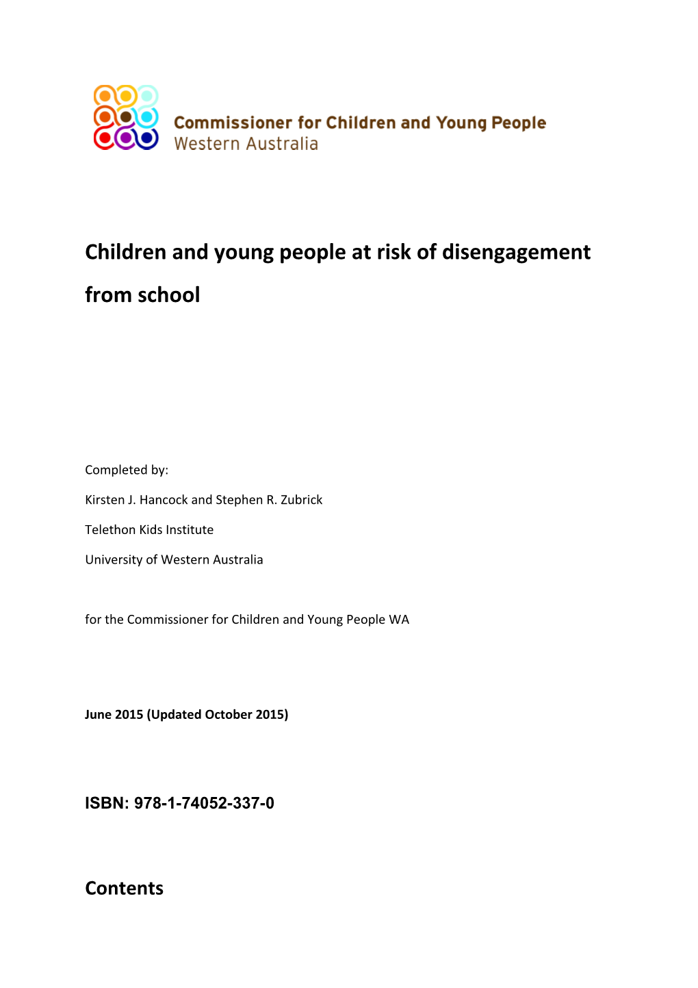Children and Young People at Risk of Disengagement from School