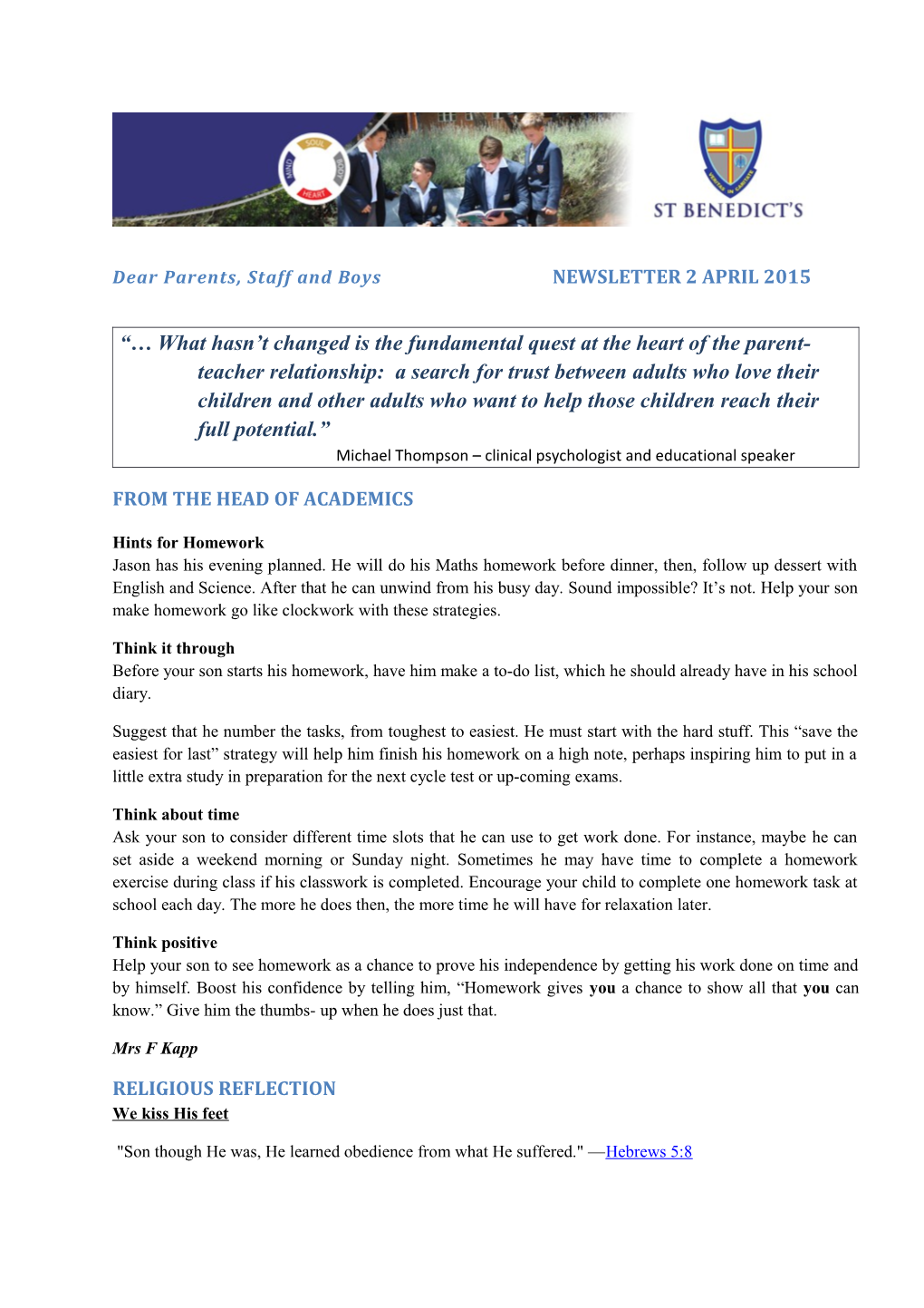 Dear Parents, Staff and Boys NEWSLETTER 2 APRIL 2015