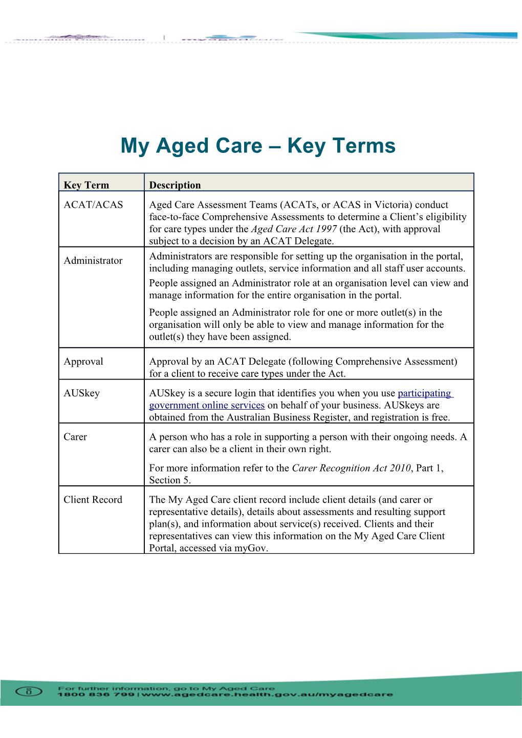 My Aged Care Key Terms