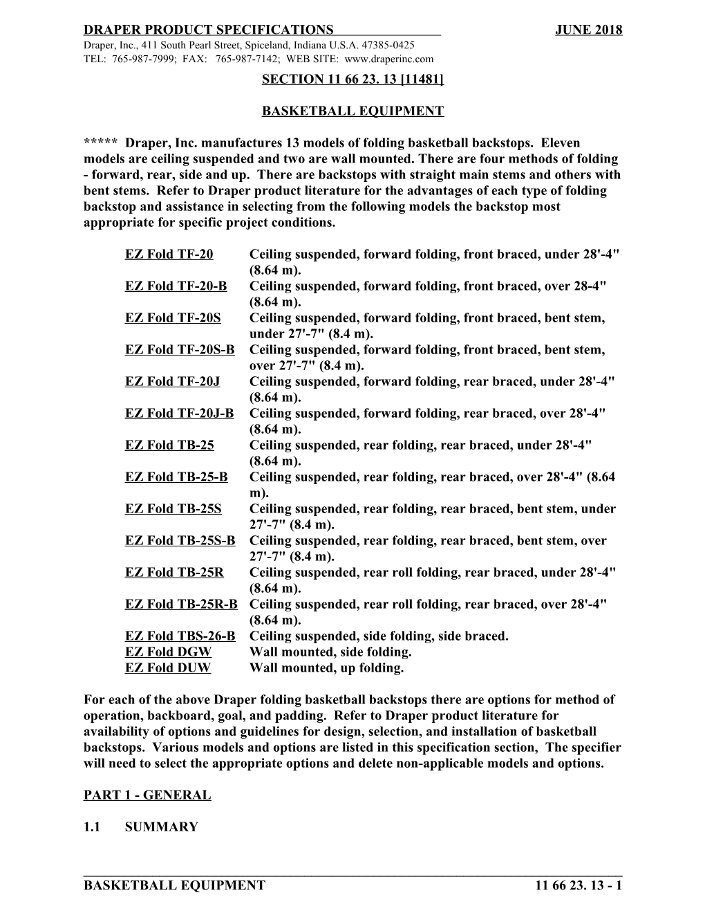 Draper Product Specifications June 2018