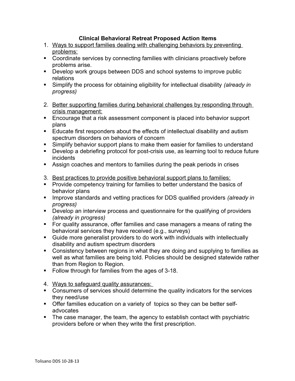 Clinical Behavioral Retreat Proposed Action Items