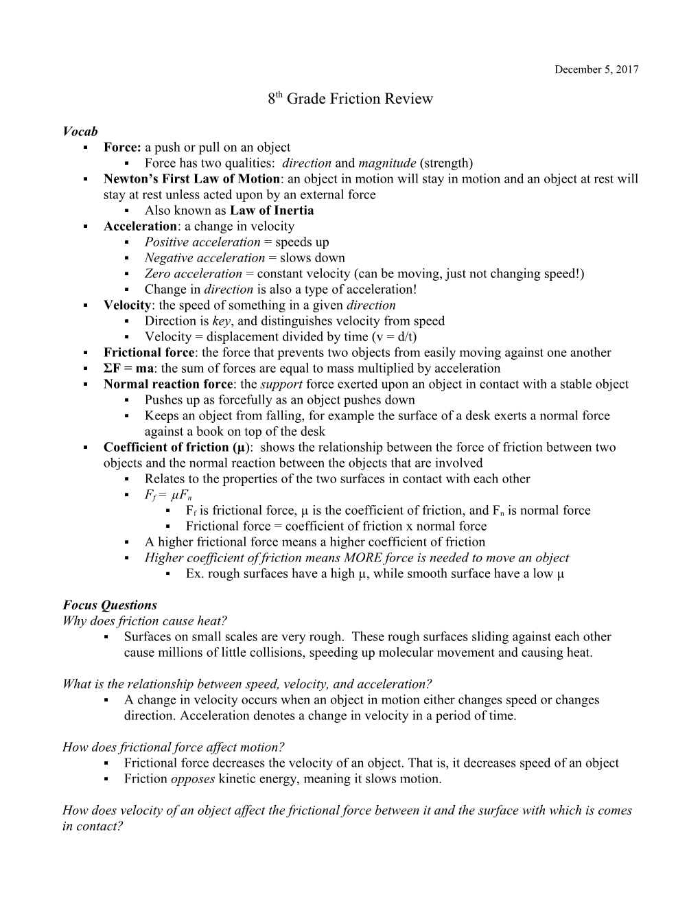 8Th Grade Friction Review