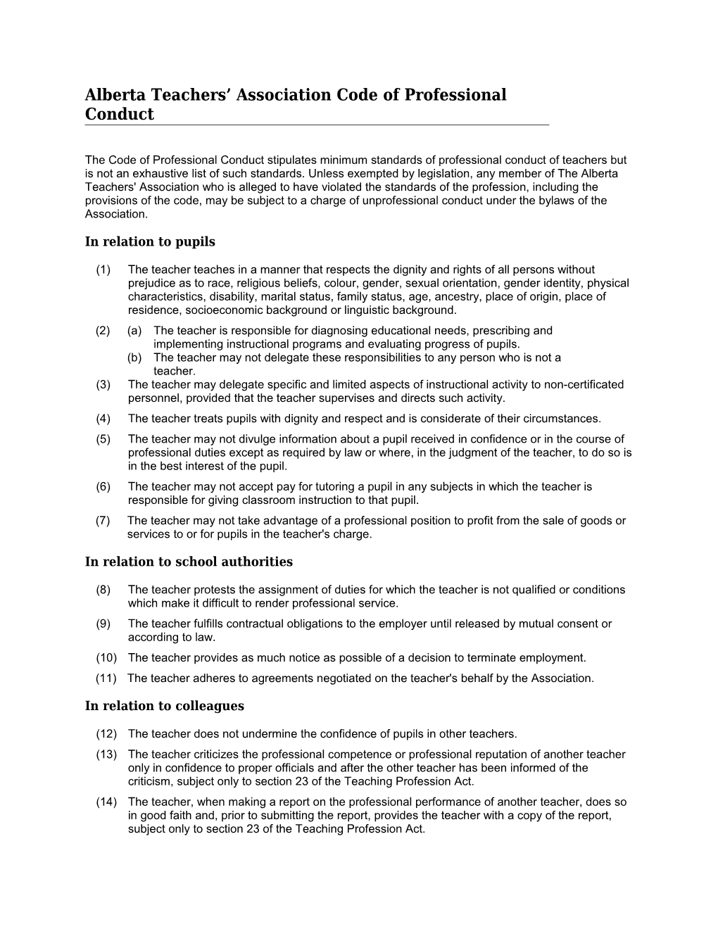 Alberta Teachers Association Code of Professional Conduct
