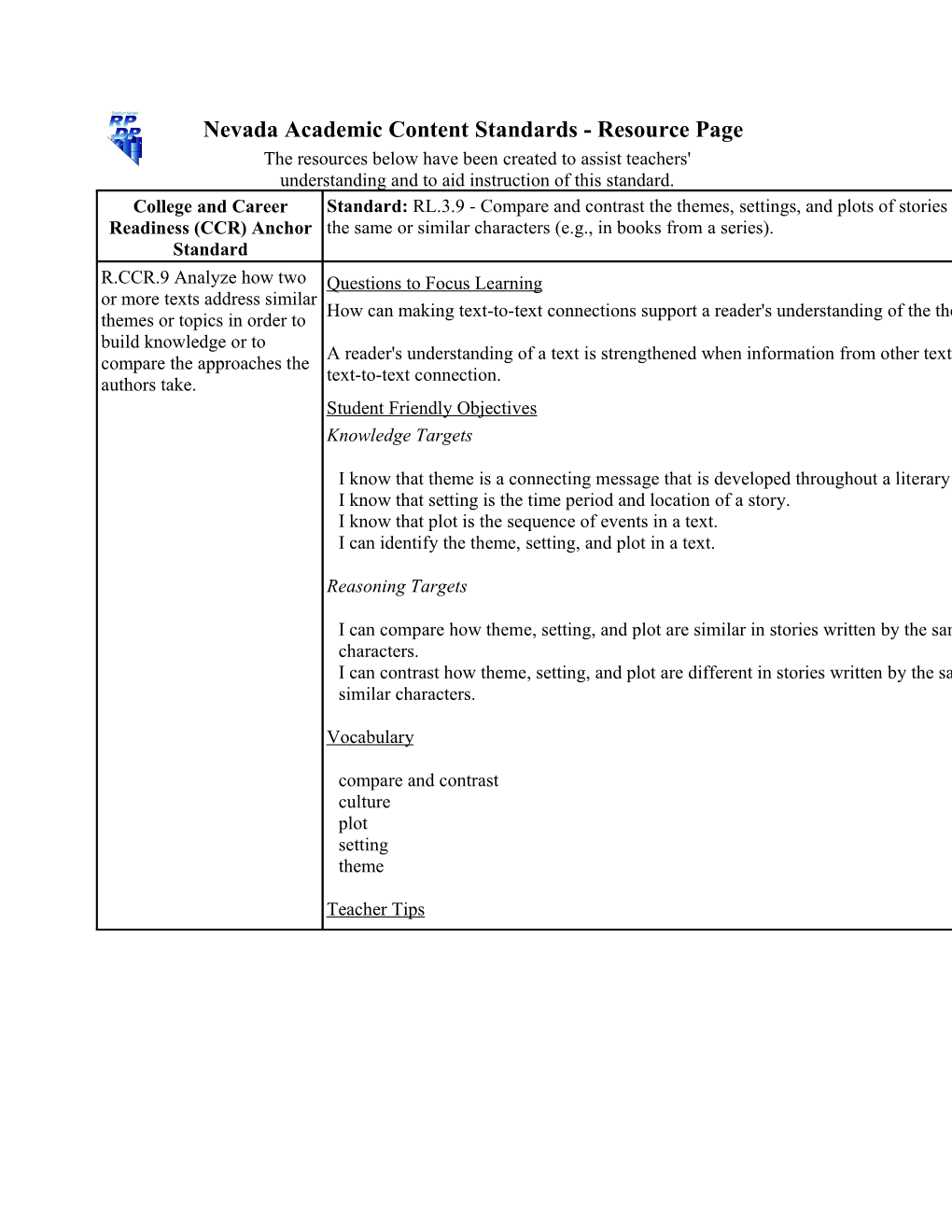 Unwrapped Standards: RL.3.9 - Compare and Contrast the Themes, Settings, and Plots of Stories