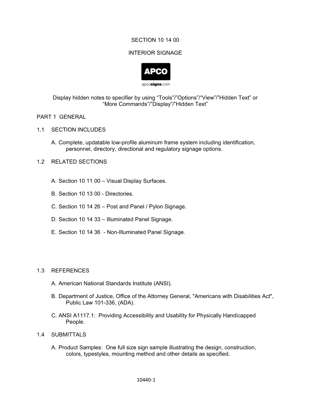 Arris Sign Systems CSI Specifications