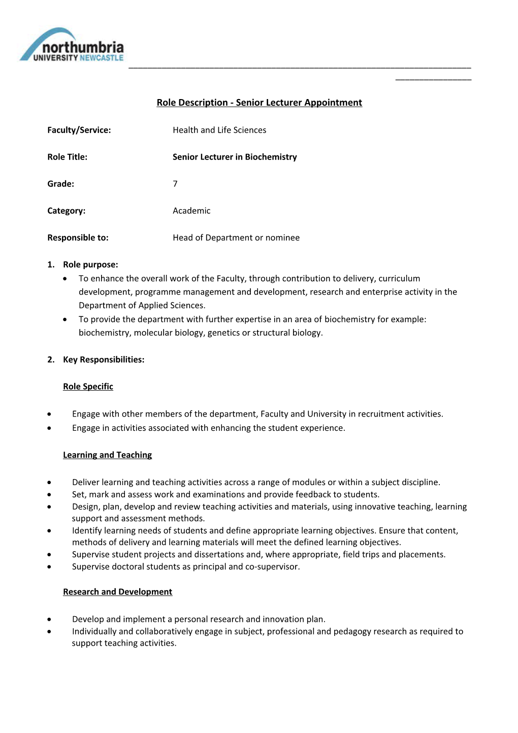 Role Description - Senior Lecturer Appointment