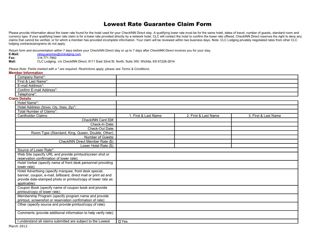 Lowest Rate Guarantee Claim Form