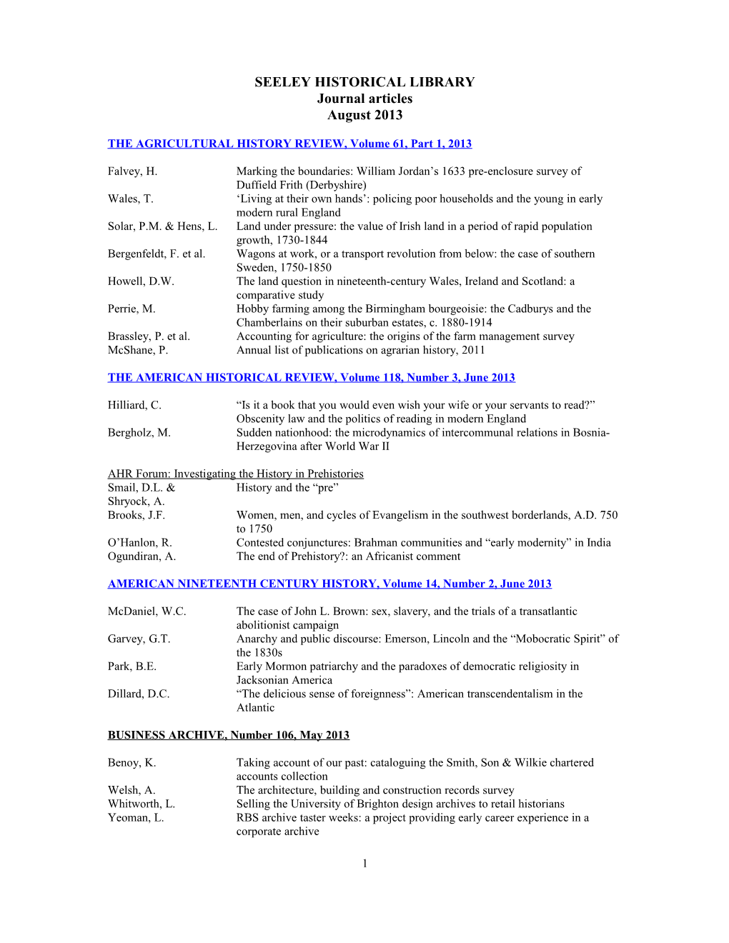 THE AGRICULTURAL HISTORY REVIEW, Volume 61, Part 1, 2013