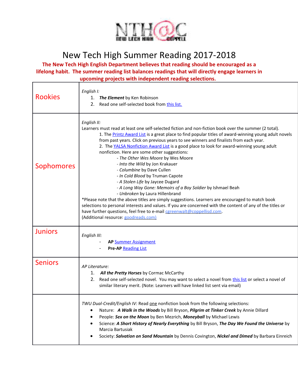 New Tech High Summer Reading 2017-2018