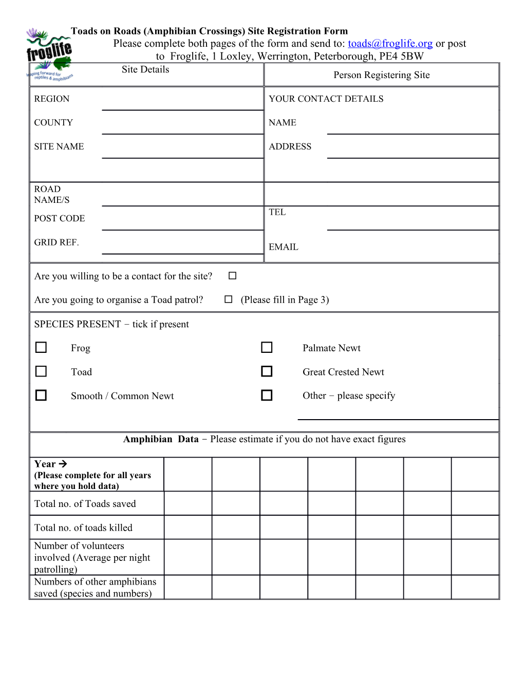 Toads on Roads Registration Form