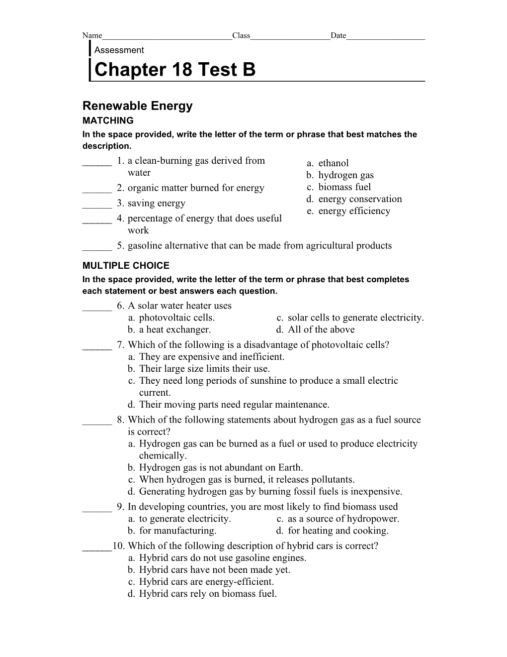 Chapter 18 Test B