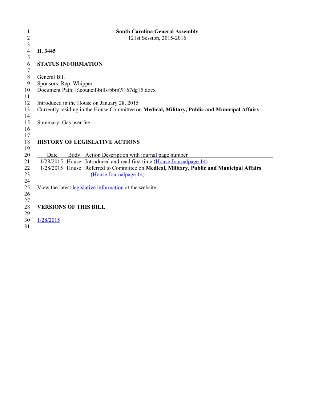 2015-2016 Bill 3445: Gas User Fee - South Carolina Legislature Online