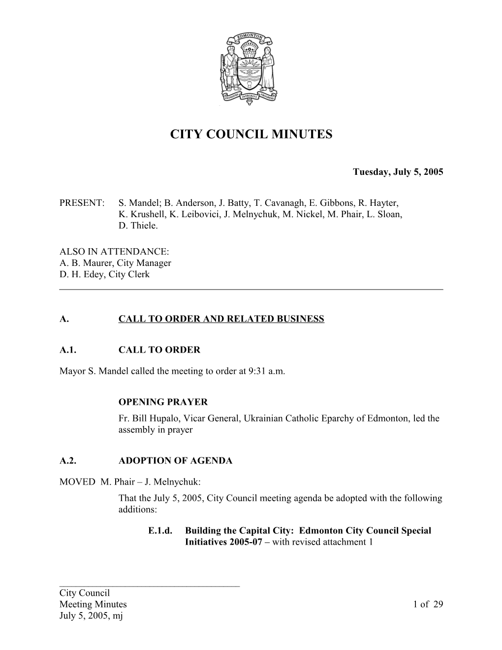 Minutes for City Council July 5, 2005 Meeting