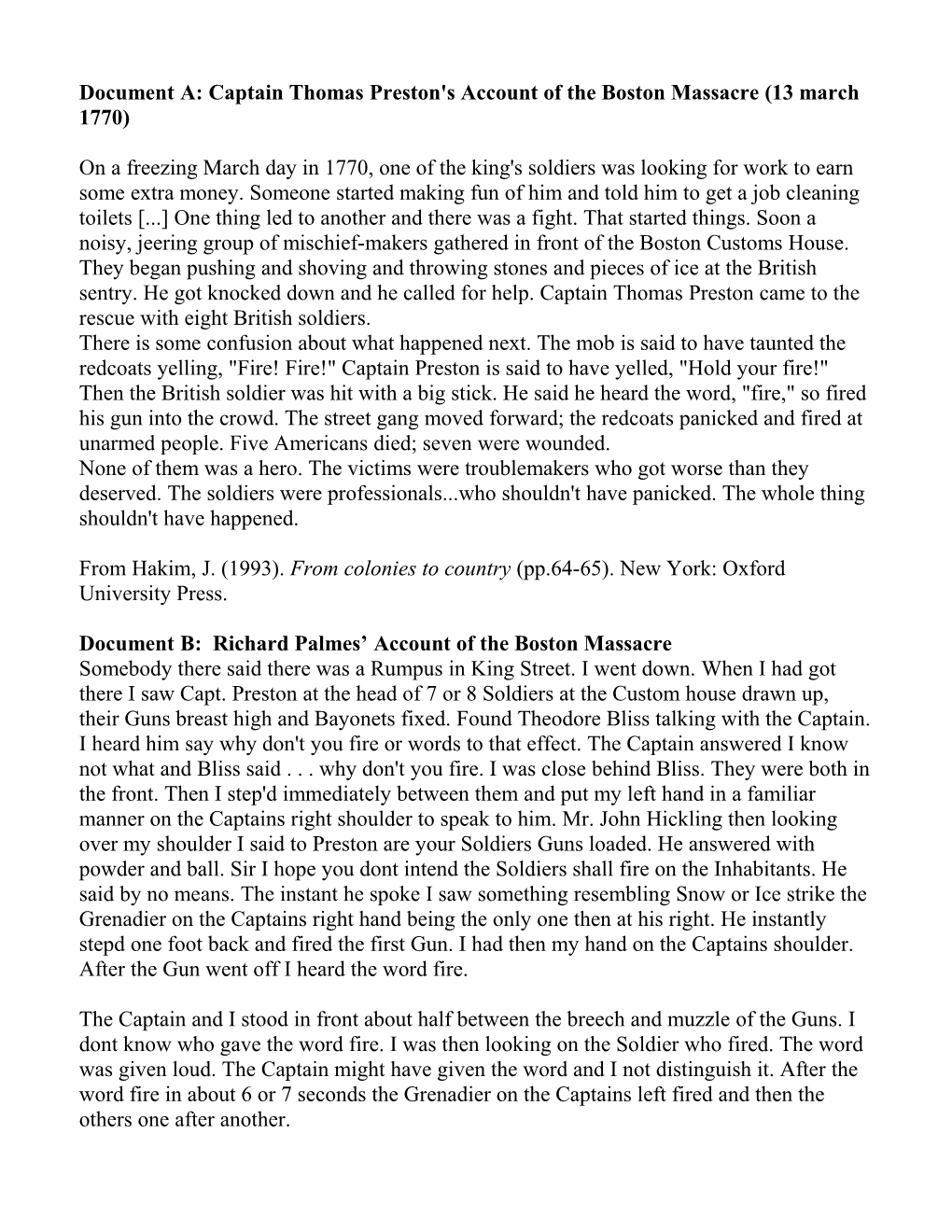 Document A: Captain Thomas Preston's Account of the Boston Massacre (13 March 1770)