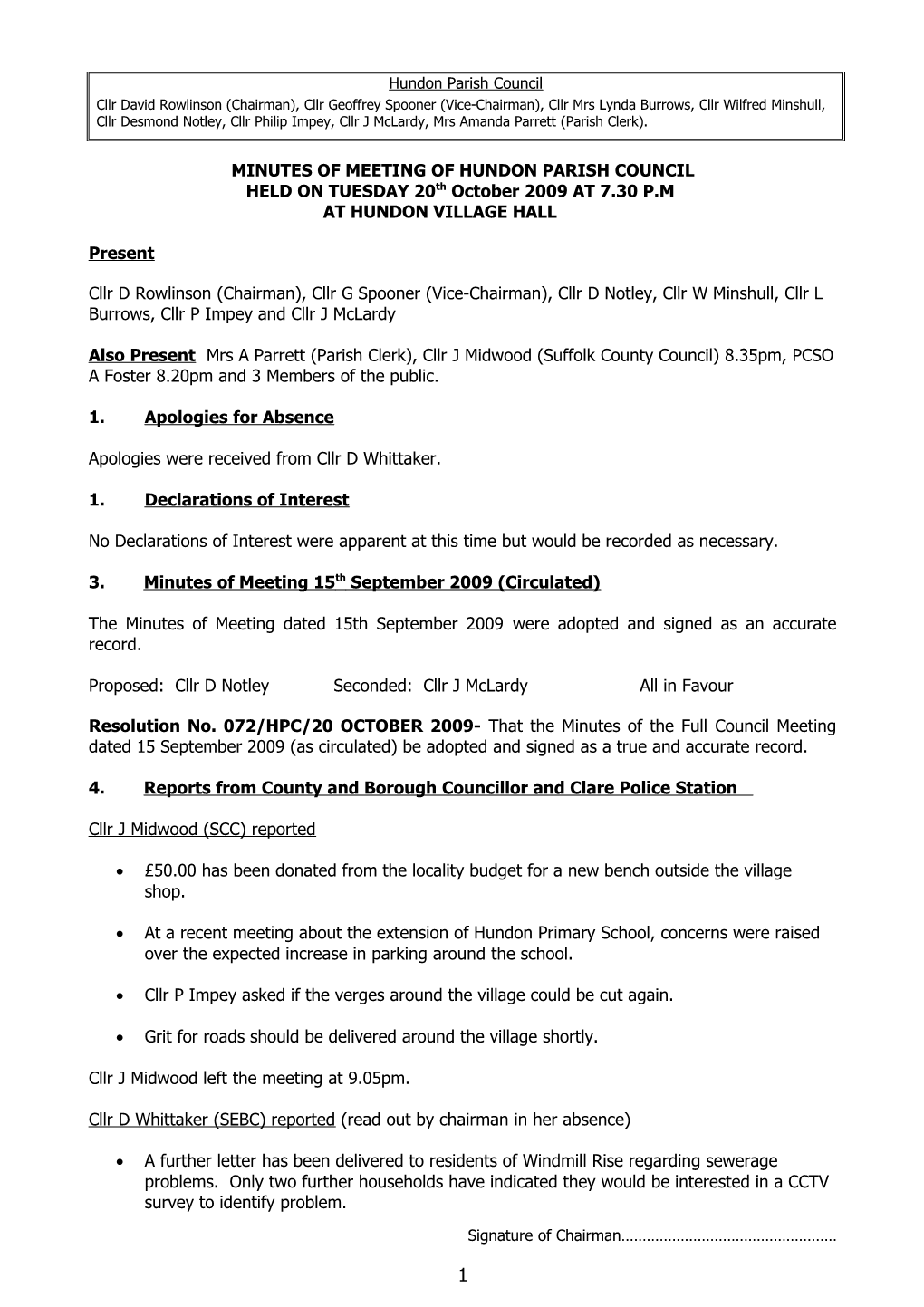 Minutes of Meeting of Hundon Parish Council