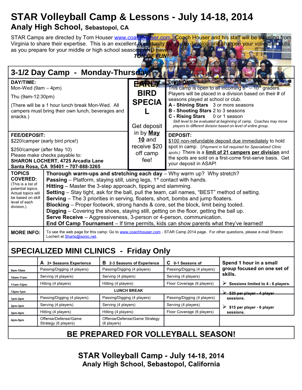 STAR Volleyball Camp & Lessons - July 14-18, 2014