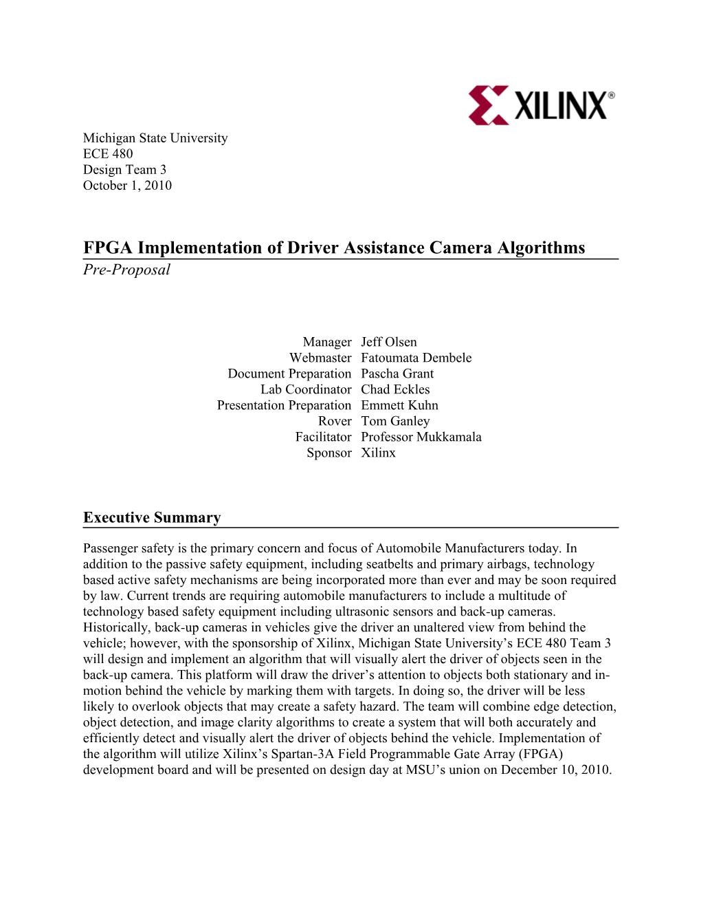 FPGA Implementation of Driver Assistance Camera Algorithms