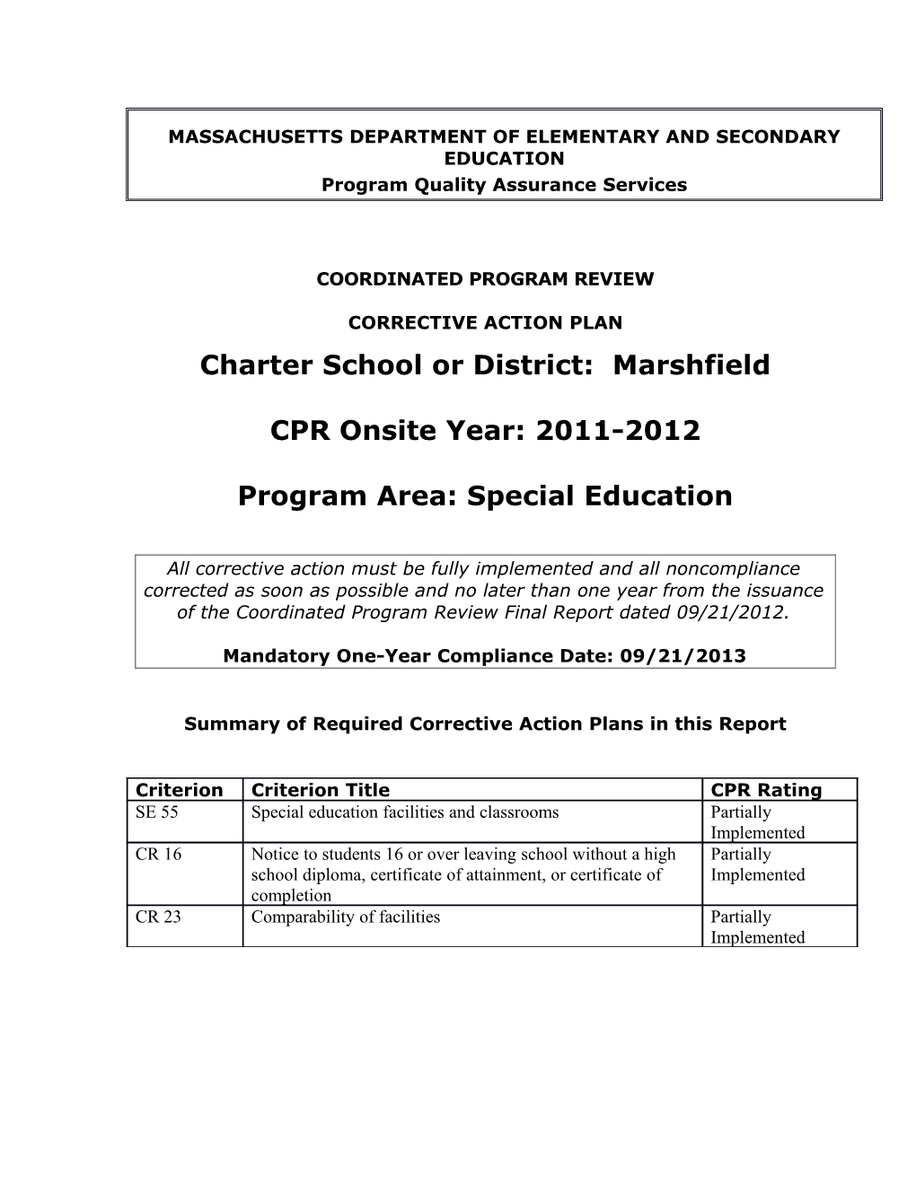 Marshfield Public Schools CAP 2012