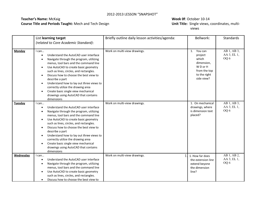 2012-2013 Lesson Snapshot