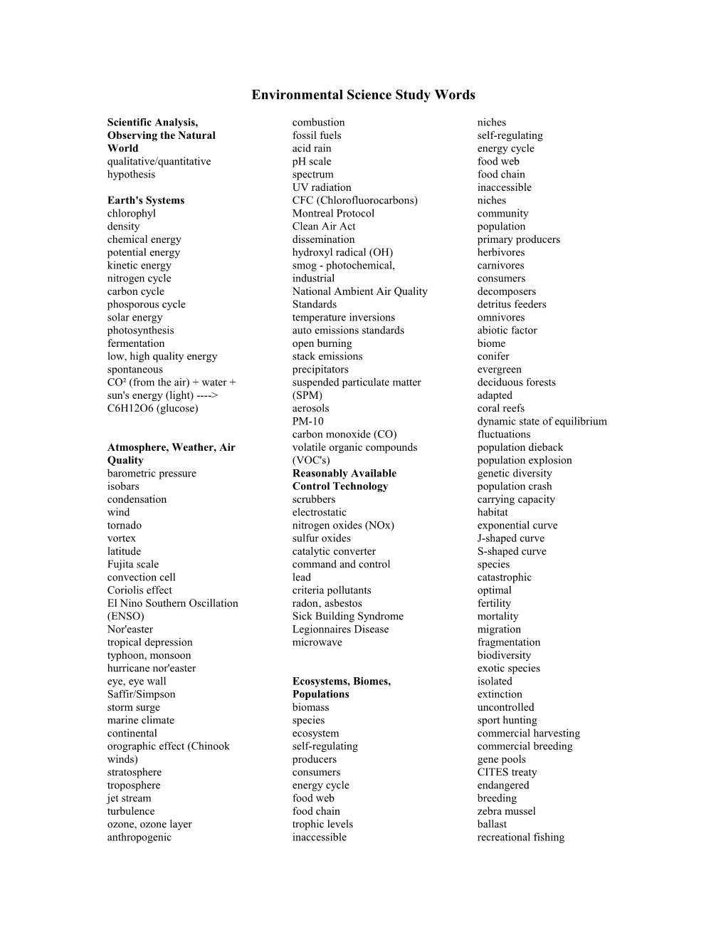 Environmental Science Study Words