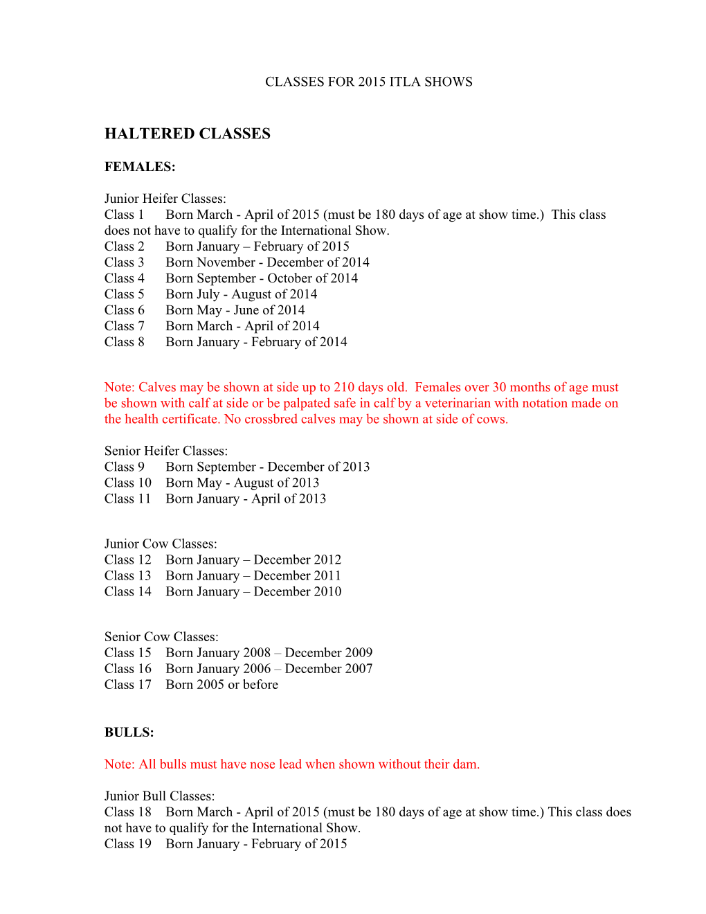 Classes for 2003 Itla Championship Show