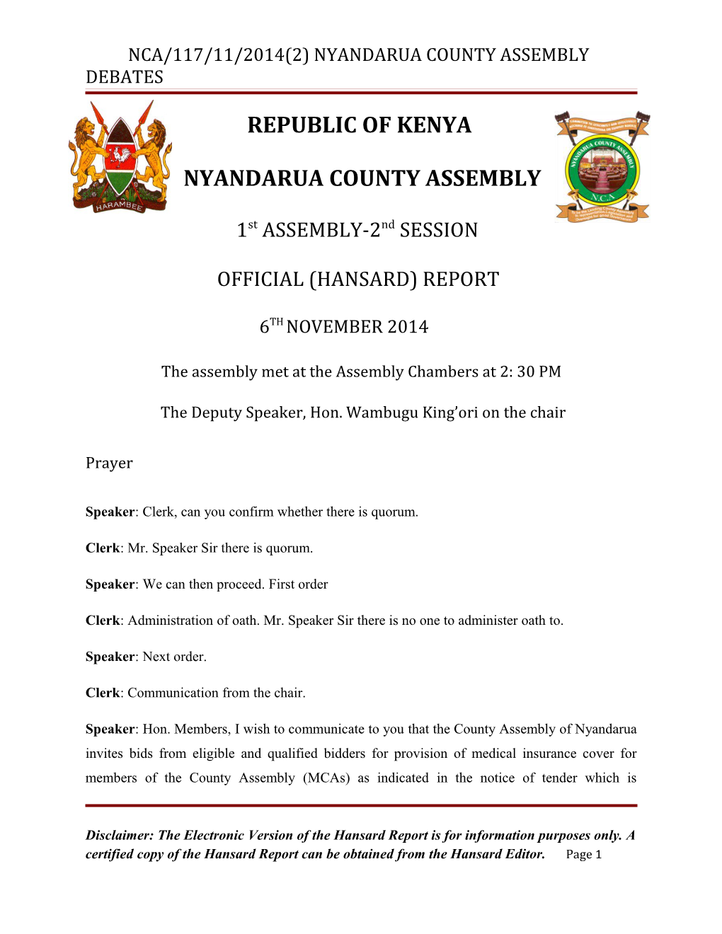 Nca/117/11/2014(2) Nyandarua County Assembly Debates