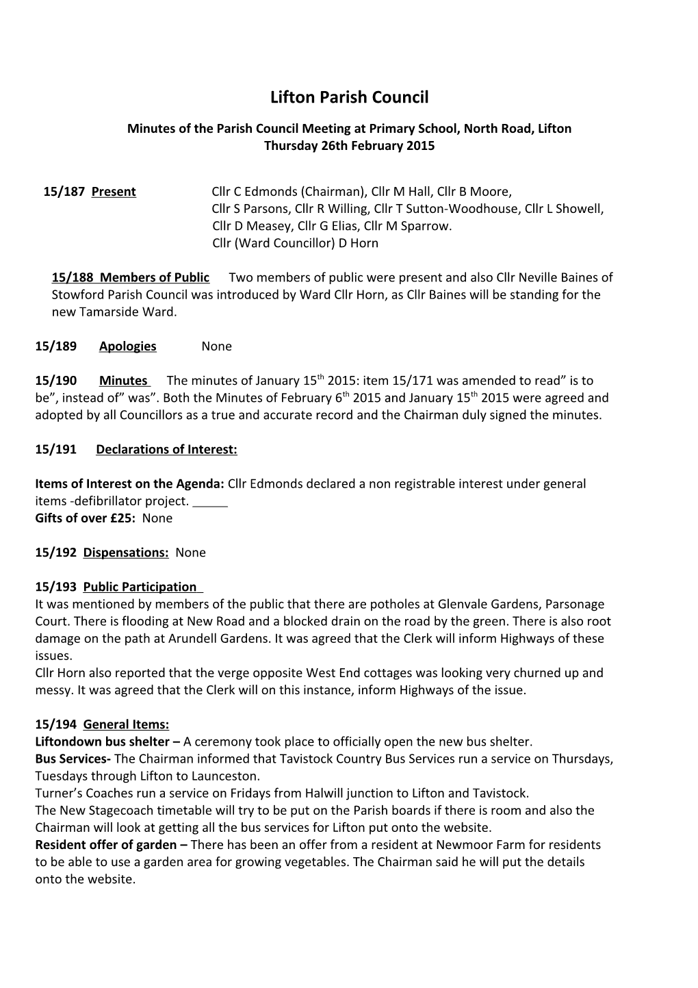 Minutes of the Parish Council Meeting at Primary School, North Road, Lifton