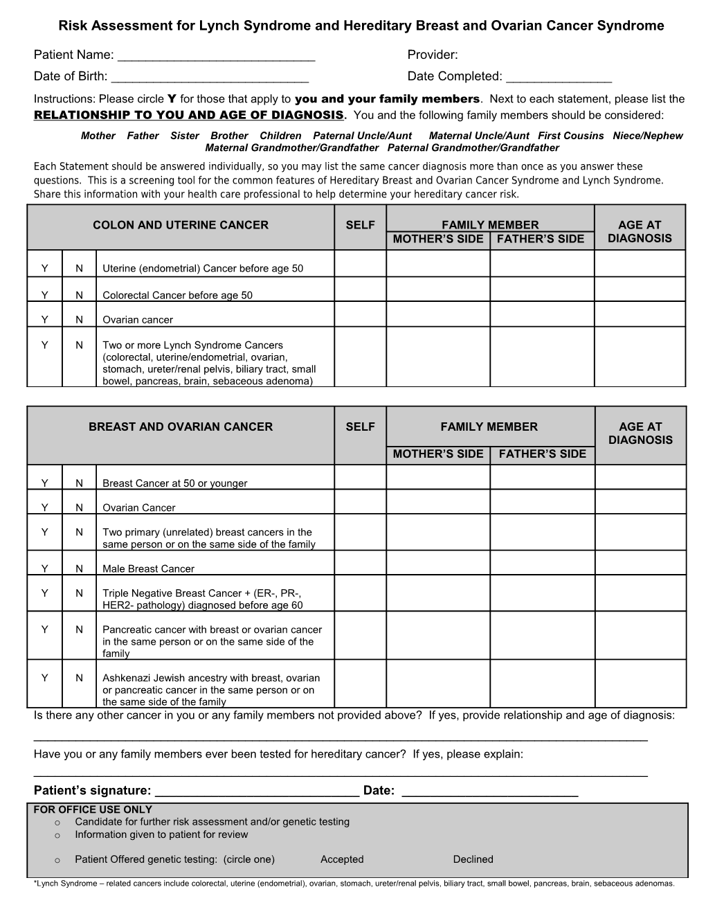 Risk Assessment for Lynch Syndrome and Hereditary Breast and Ovarian Cancer Syndrome