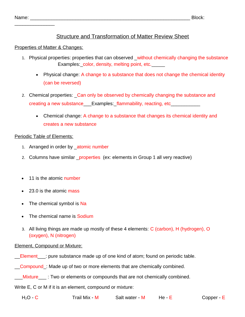 Structure and Transformation of Matter Review Sheet