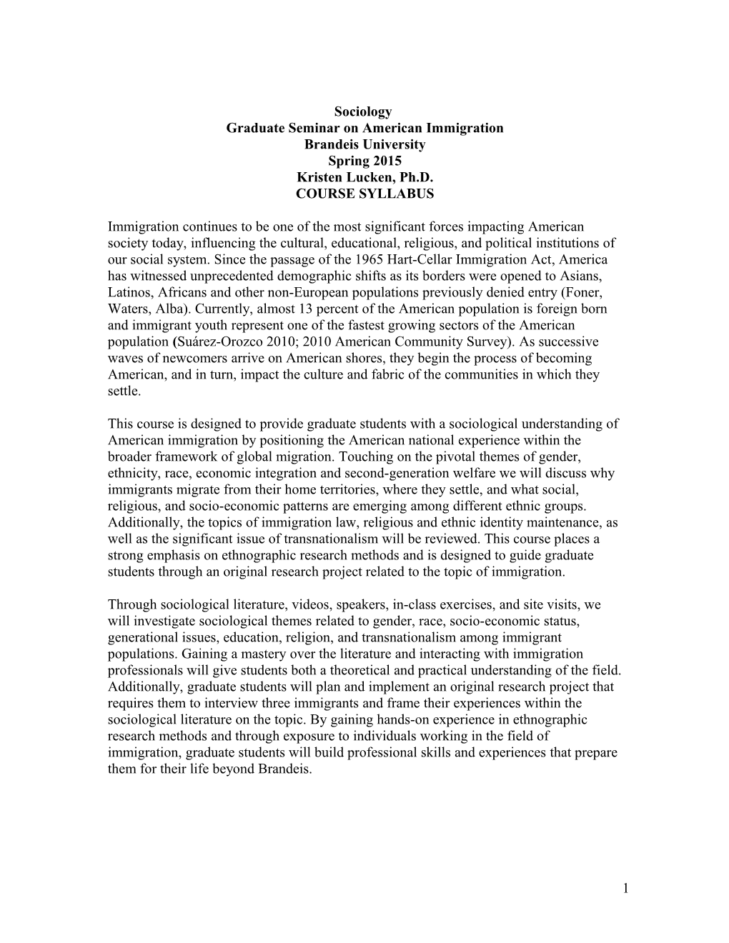 Graduate Seminar on American Immigration