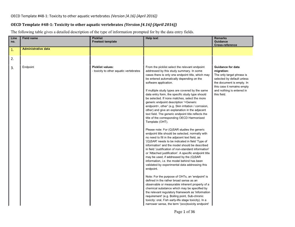 Oecdtemplate #48-1: Toxicity to Other Aquatic Vertebrates(Version 4.16 - April 2016 )