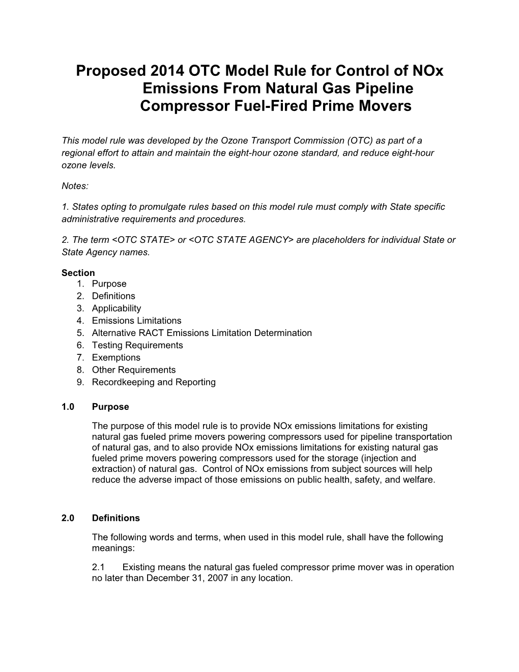 Proposed 2014 OTC Model Rule for Control of Nox Emissions from Natural Gas Pipeline Compressor