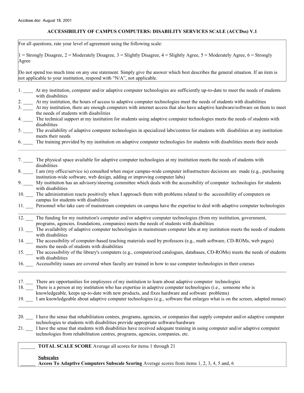 Accessibility of Campus Computers: Disability Services Scale