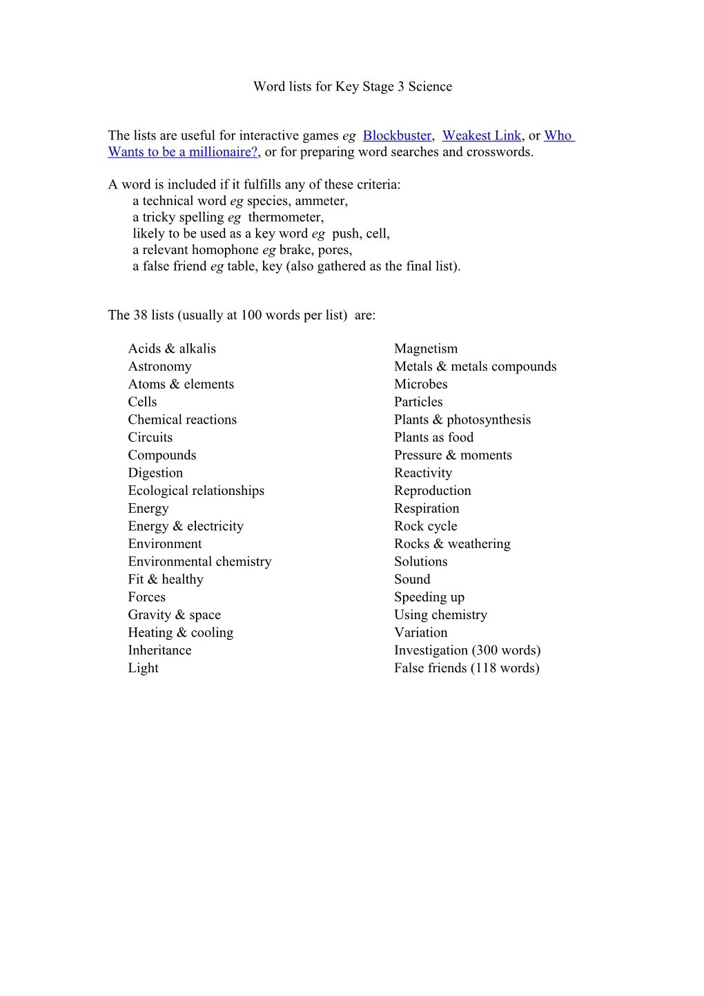 Word Lists for Key Stage 3 Science