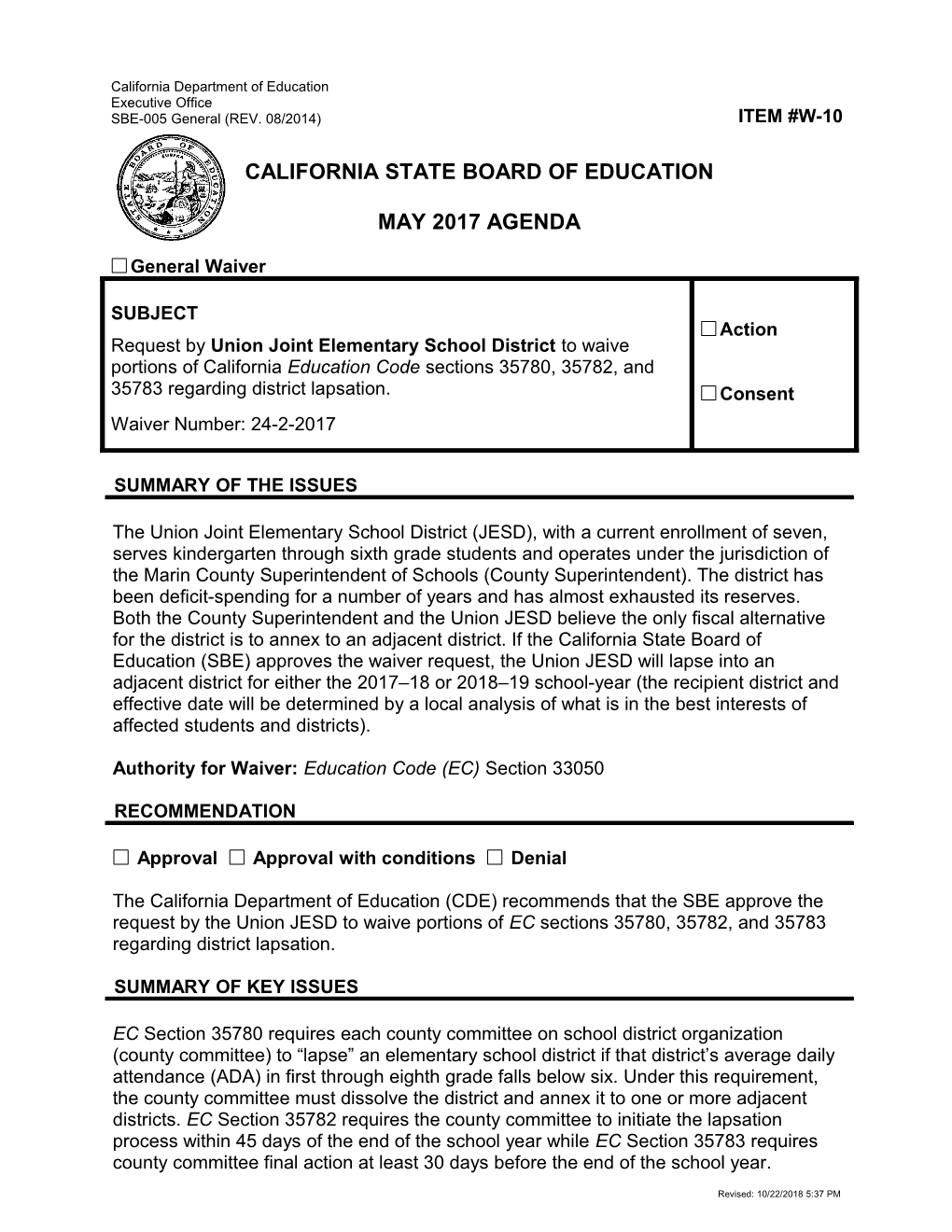 May 2017 Agenda Item W-10 - Meeting Agendas (CA State Board of Education)