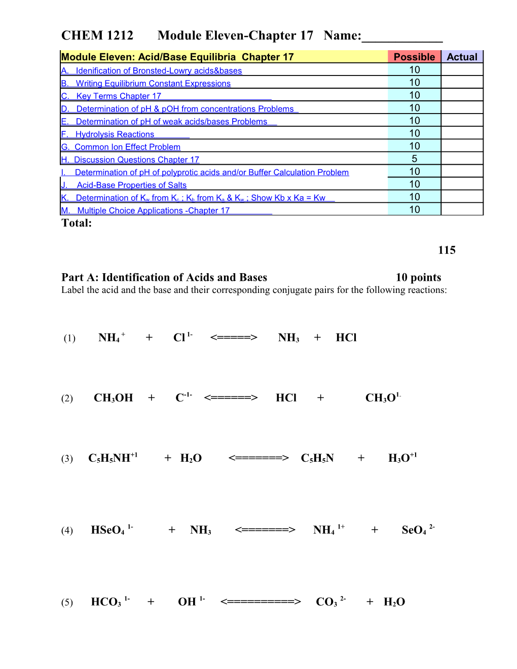 CHEM 1212 Module Eleven-Chapter 17 Name:______