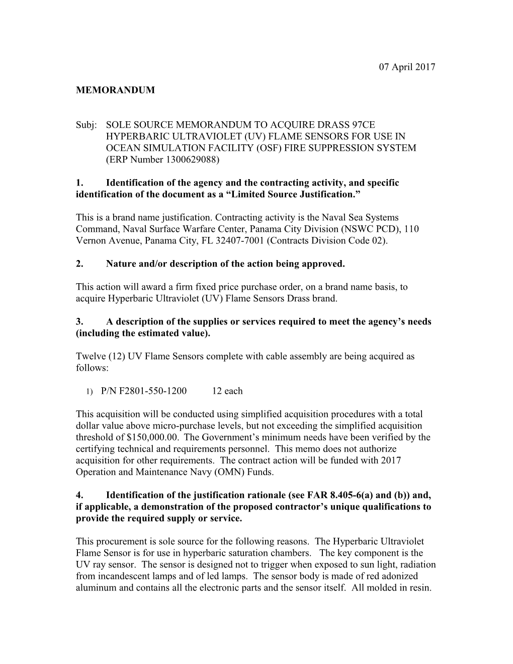 Subj:SOLE SOURCE MEMORANDUM to ACQUIRE DRASS 97CE