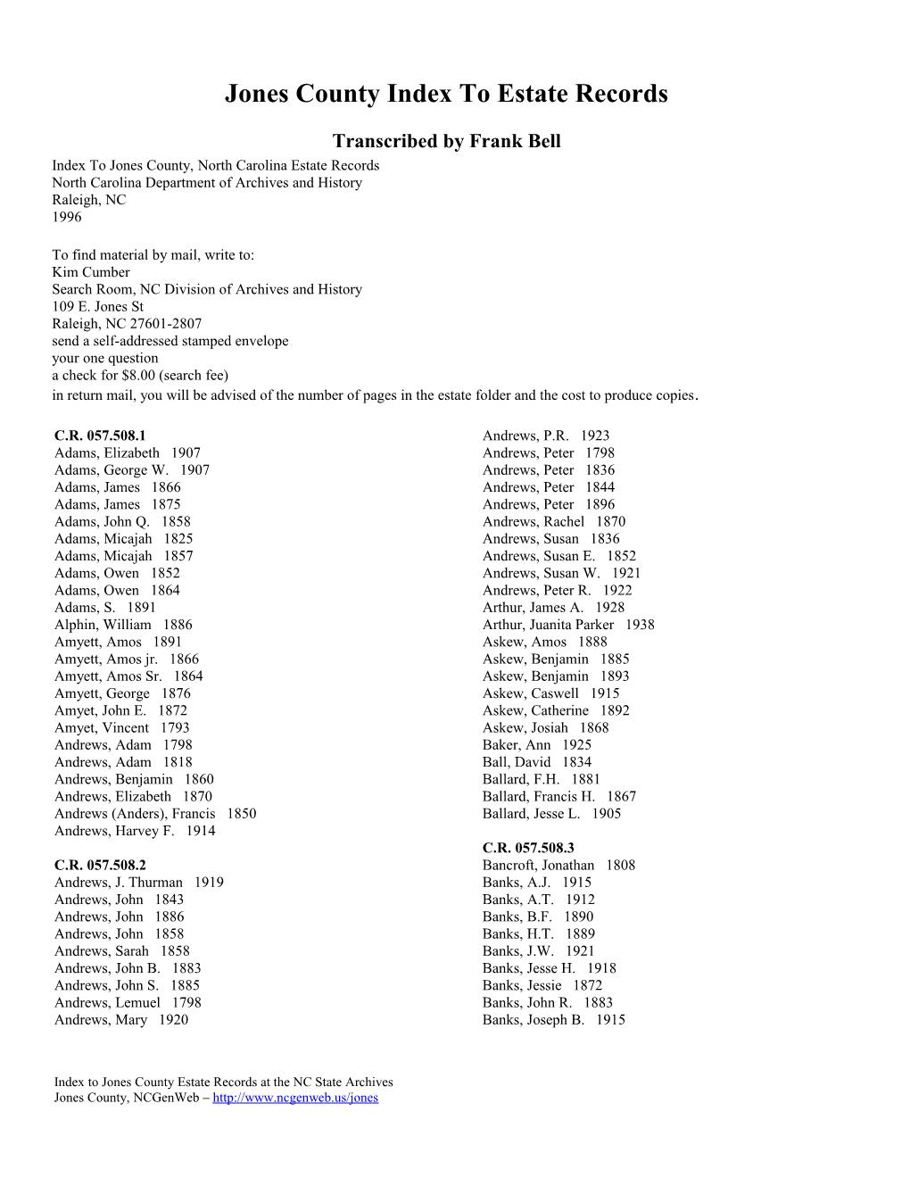 Jones County Index to Estate Records