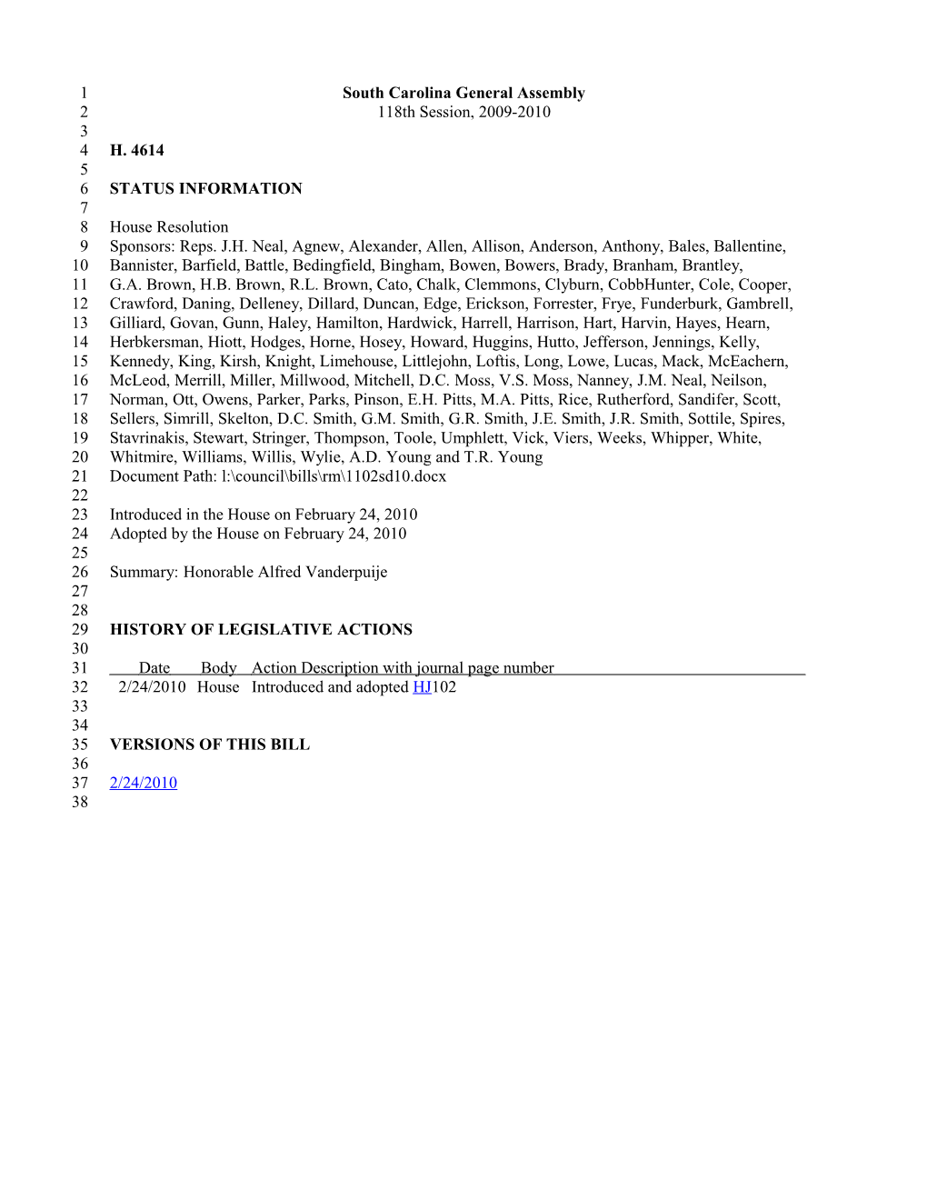 2009-2010 Bill 4614: Honorable Alfred Vanderpuije - South Carolina Legislature Online