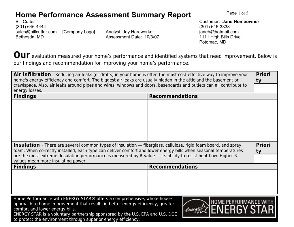 PROPOSAL: Home Performance with ENERGY STAR Score Card