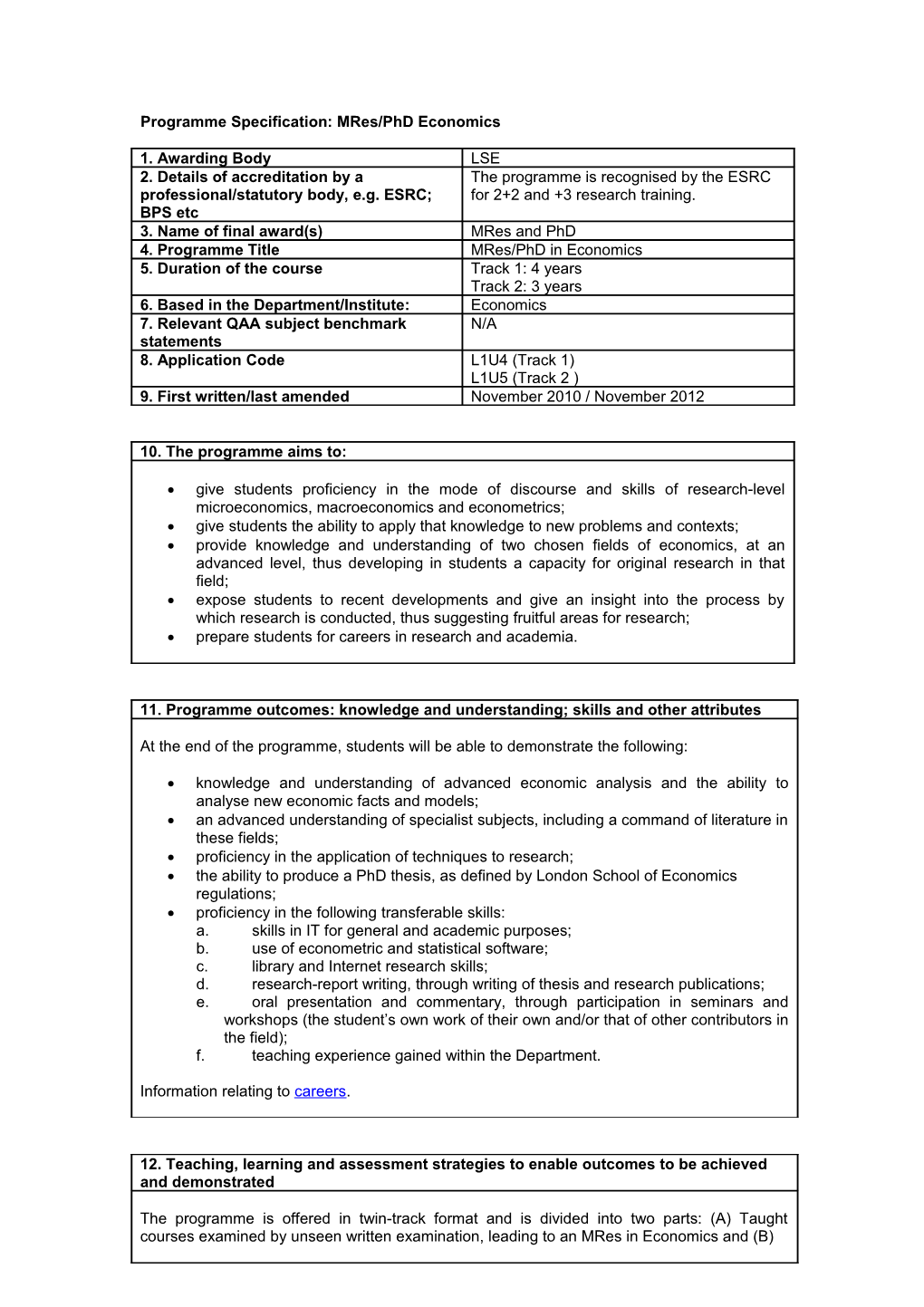 Programme Specification: Mres/Phd Economics