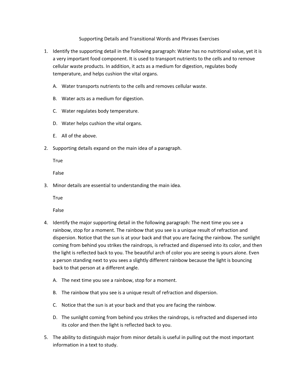 Supporting Details and Transitional Words and Phrases Exercises