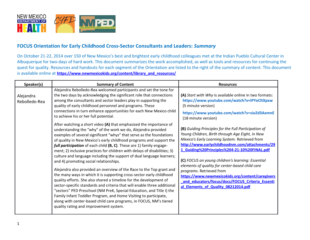 FOCUS Orientation for Early Childhood Cross-Sector Consultants and Leaders: Summary