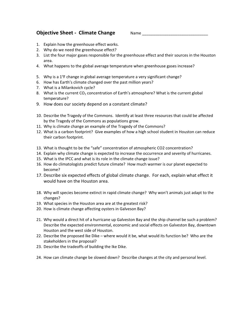 Objective Sheet - Climate Change Name ______