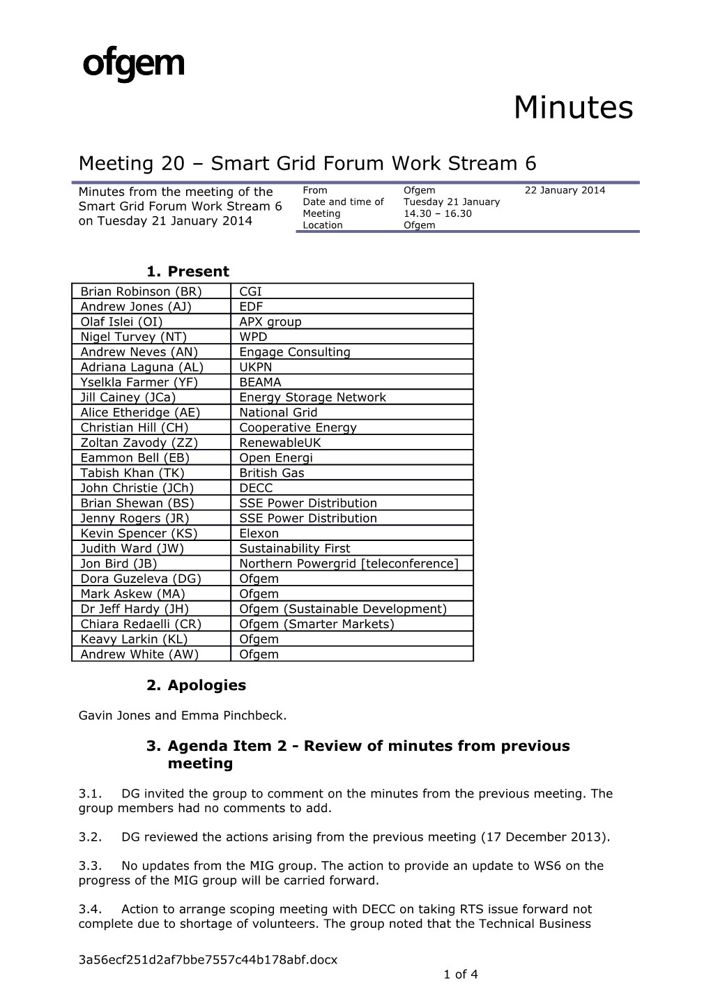 Meeting 20 Smart Grid Forum Work Stream 6