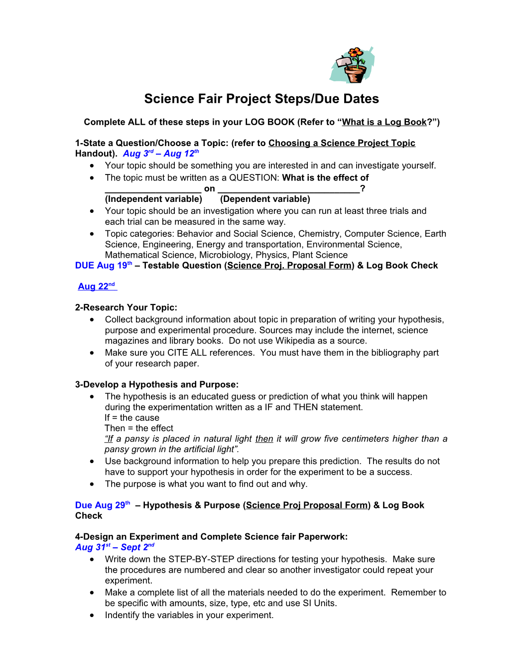 Science Fair Project Steps/Due Dates