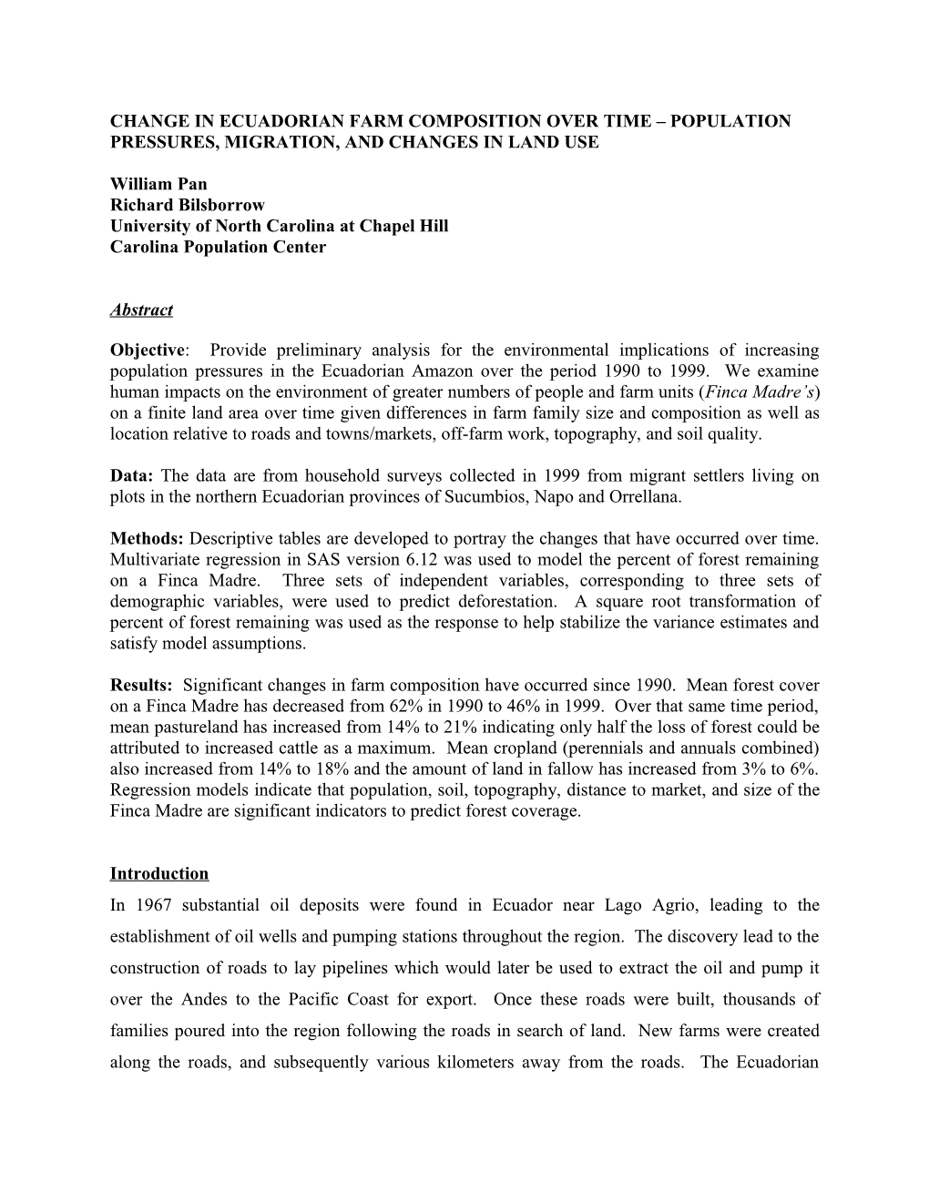 Change in Ecuadorian Farm Composition Over Time Population Pressures, Migration, and Changes