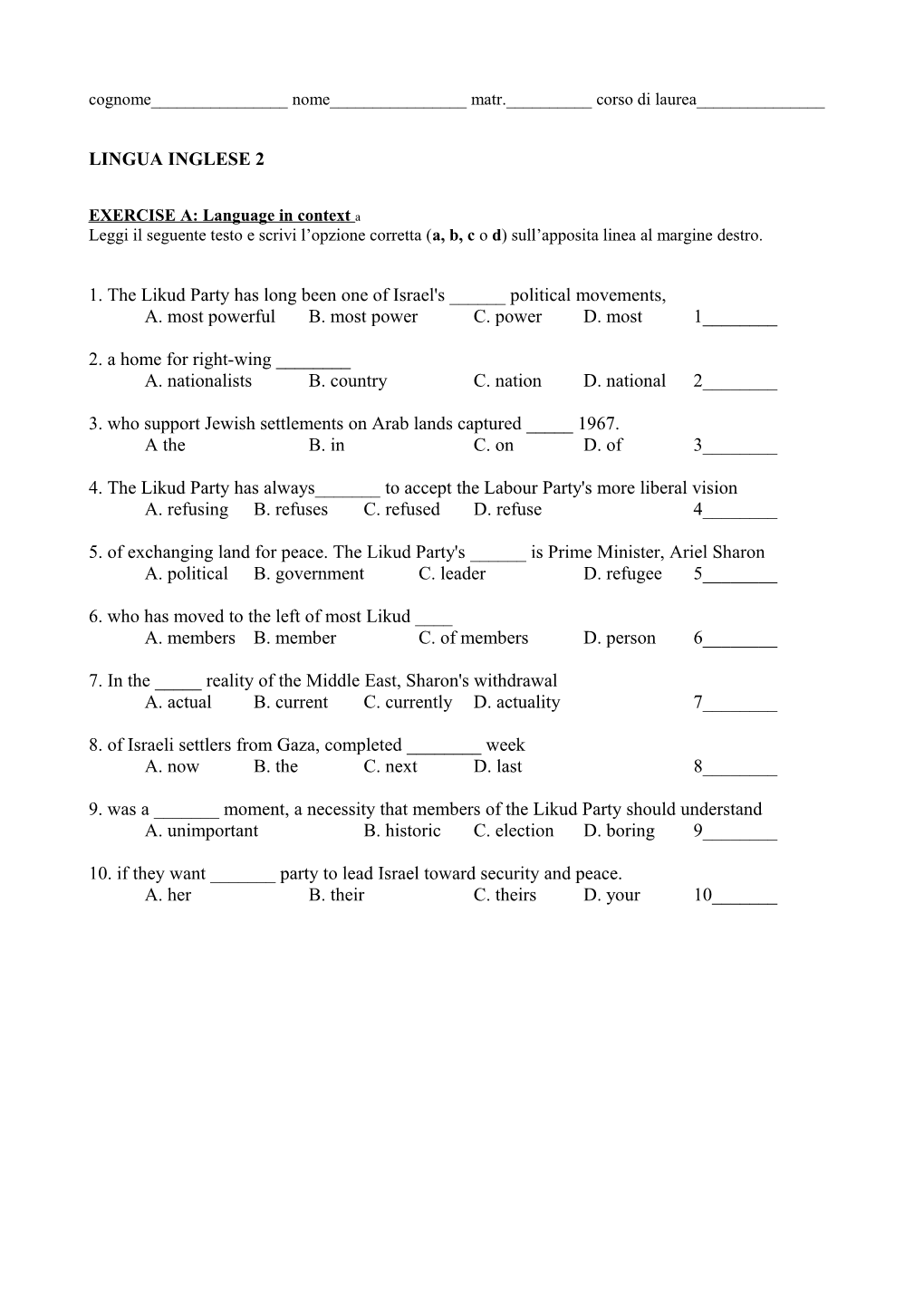 EXERCISE A: Language in Context A