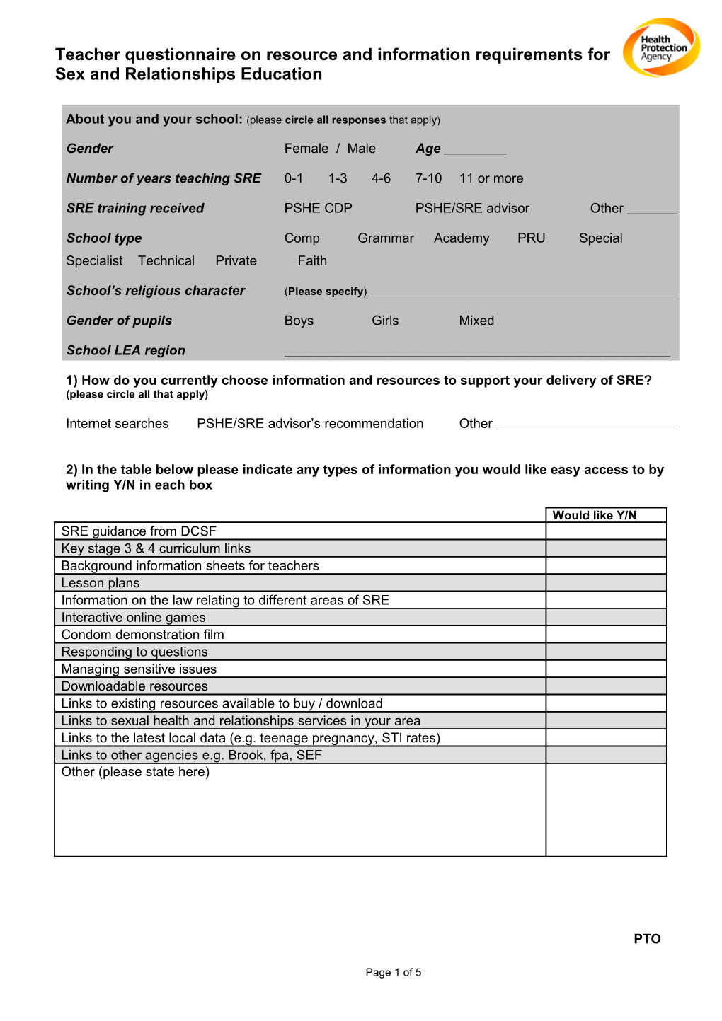 Teacher Questionnaire on Resource and Information Requirements for SRE