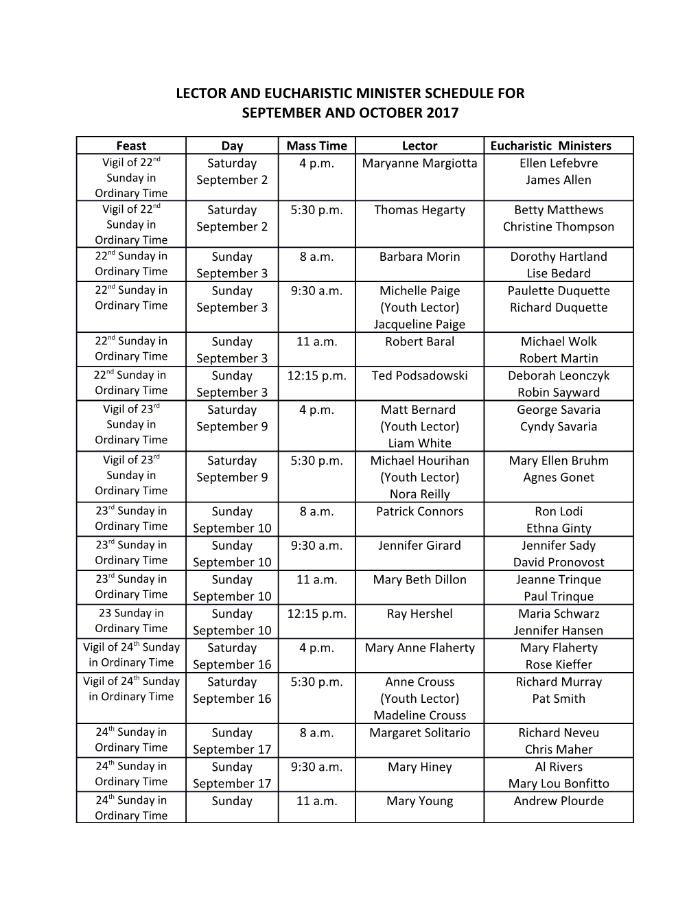 Lector and Eucharistic Minister Schedule For